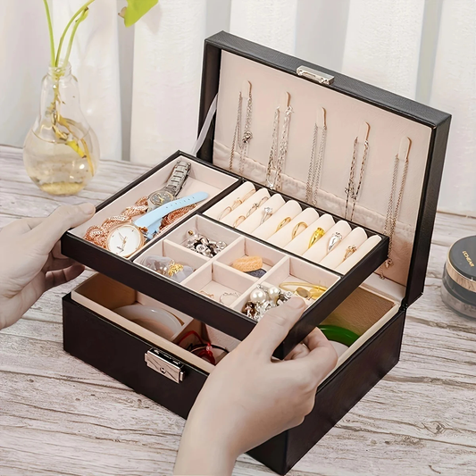 Three-Layer Jewelry Organizer Box – Structured Case with Drawers & Ring Rolls