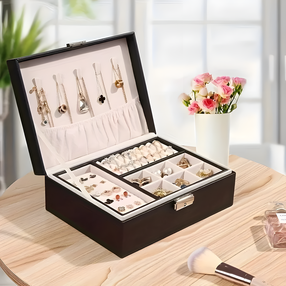 Three-Layer Jewelry Organizer Box – Structured Case with Drawers & Ring Rolls