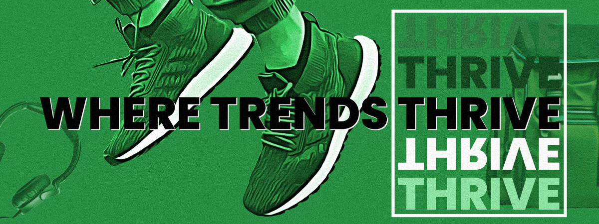 Green sneakers with text 'Where Trends Thrive' on a green background